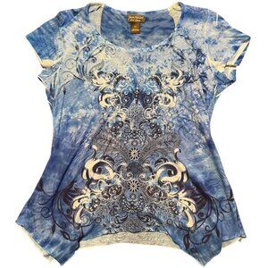 Jane Ashley women's blue patterned cap sleeve top size XL asymmetrical hem